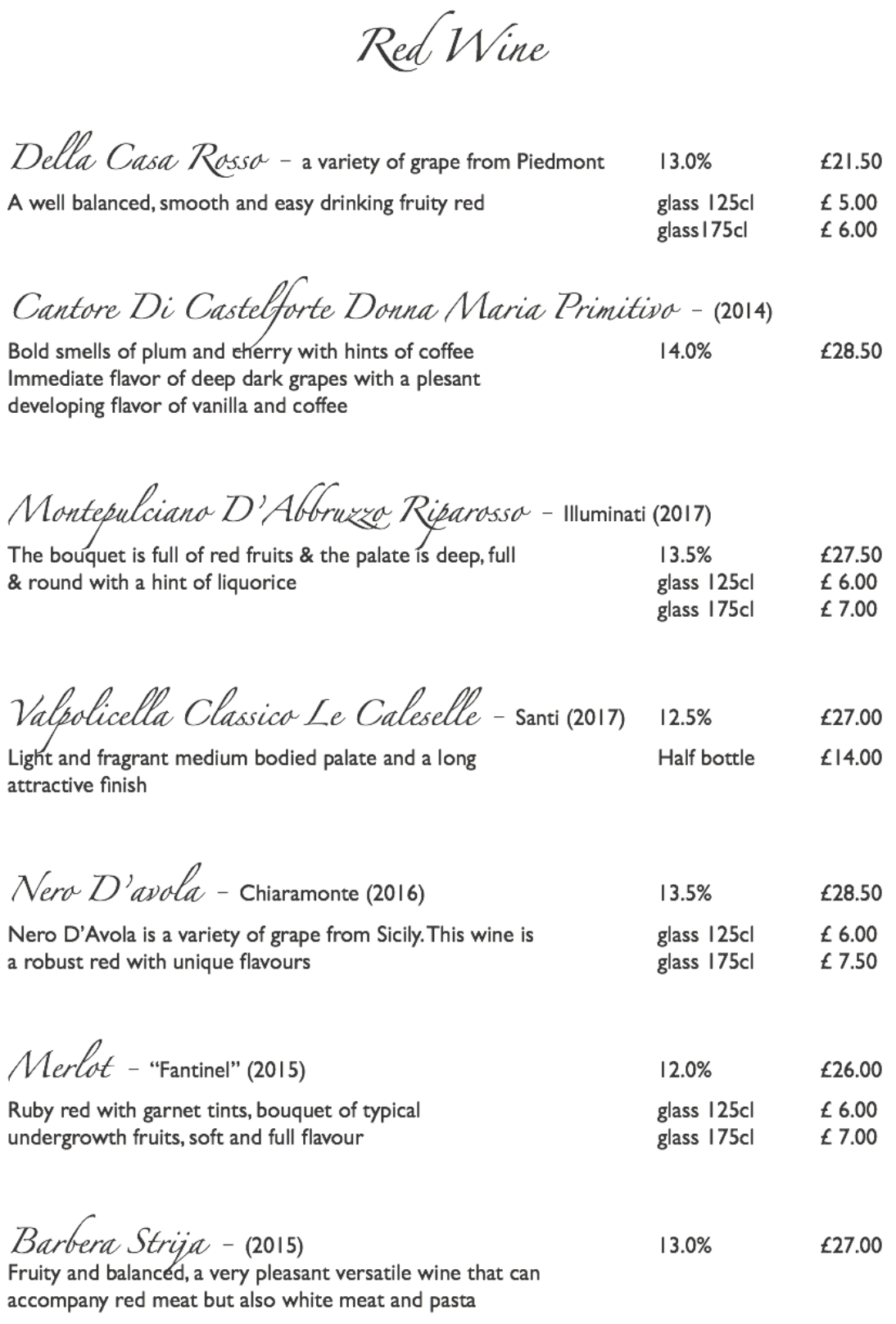 Wine List Rossini Restaurant